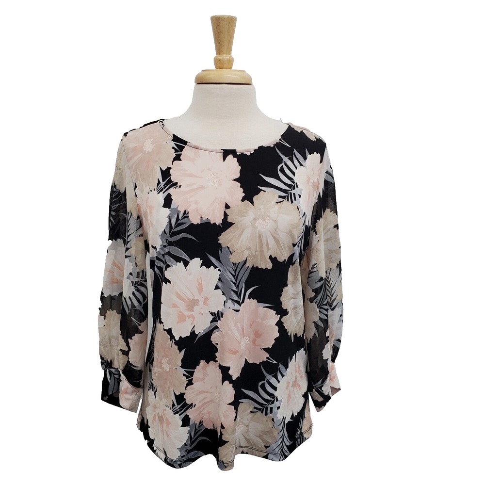 Calvin Klein Floral Blouse Top Black Pink Beige Stretch Feminine Workwear